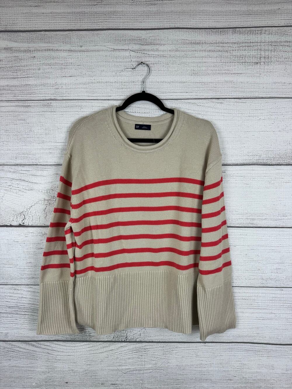 Gap Women's Ivory & Coral Stripe 24/7 Split Hem Roll Neck Sweater Size Small